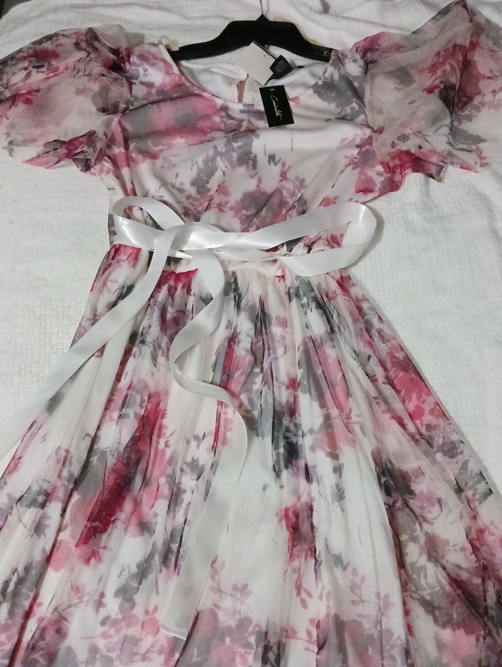 Chiffon Midi Dress in Pink and Gray Floral with Satin Waist Tie